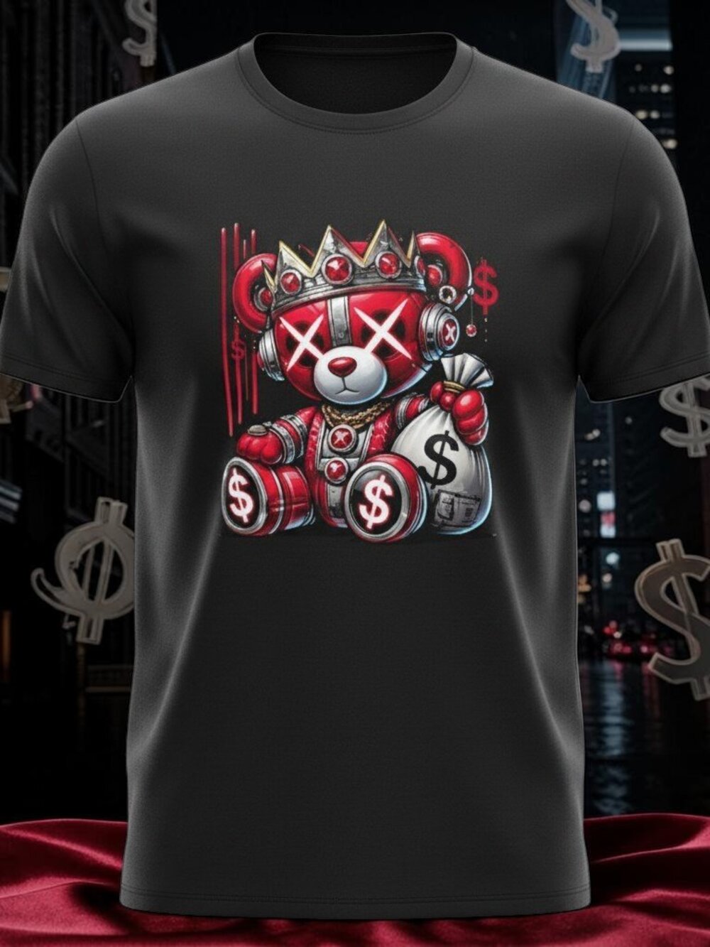 Men's Graphic Print T-shirt - "Money Bags Bear" - Black - Size L